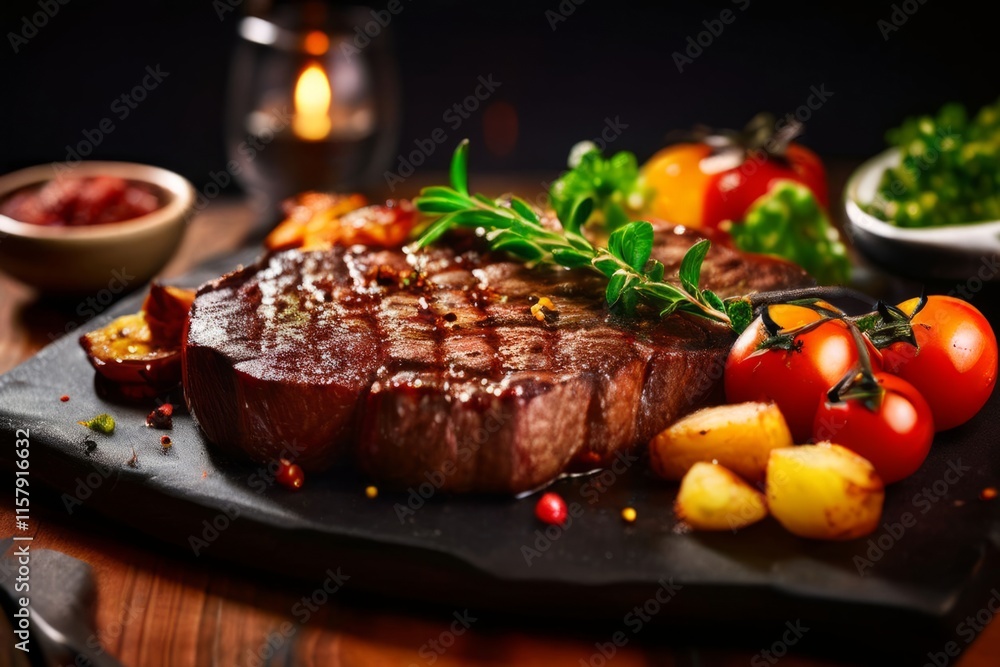 Succulent beef steak topped with herbs, served alongside golden roasted potatoes and fresh tomatoes, captured on a dark background, great for food blogs and culinary advertisements. Succulent beef steak topped with herbs, served alongside golden roasted potatoes and fresh tomatoes, captured on a dark background, great for food blogs and culinary advertisements.