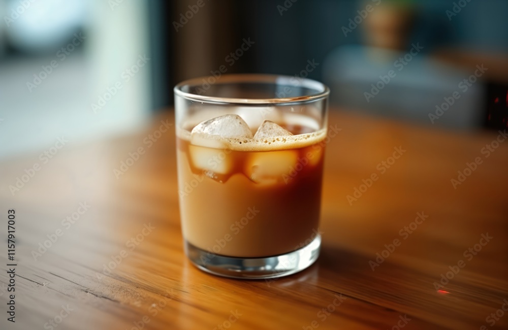 Iced coffee in small glass with ice cubes on wooden table. Refreshment drink perfect for warm day. Close-up view shows condensation. Great photo for cafe menus, summer promotions, beverage catalogs. Iced coffee in small glass with ice cubes on wooden table. Refreshment drink perfect for warm day. Close-up view shows condensation. Great photo for cafe menus, summer promotions, beverage catalogs.