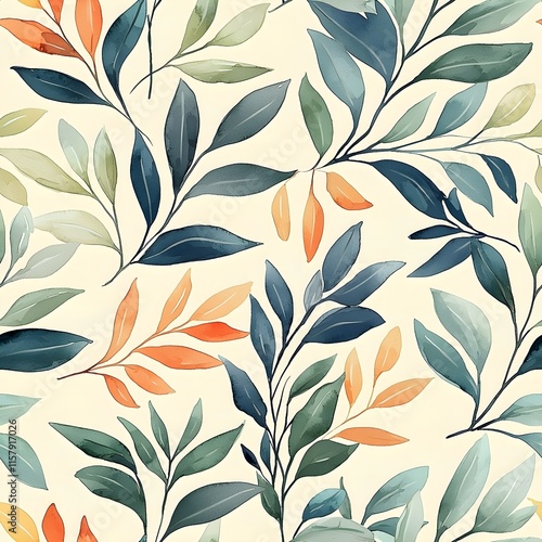 Seamless pattern with simplified leaf motifs in pastel sage green and peach colors