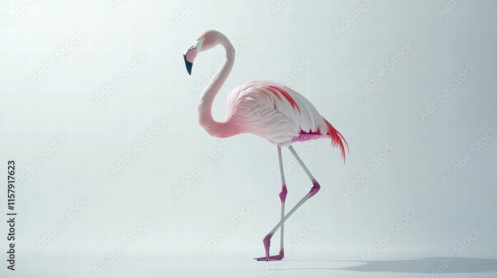 Fototapeta premium Flamingo stands gracefully on one leg in a bright and minimalistic environment with ample copy space available. Generative AI