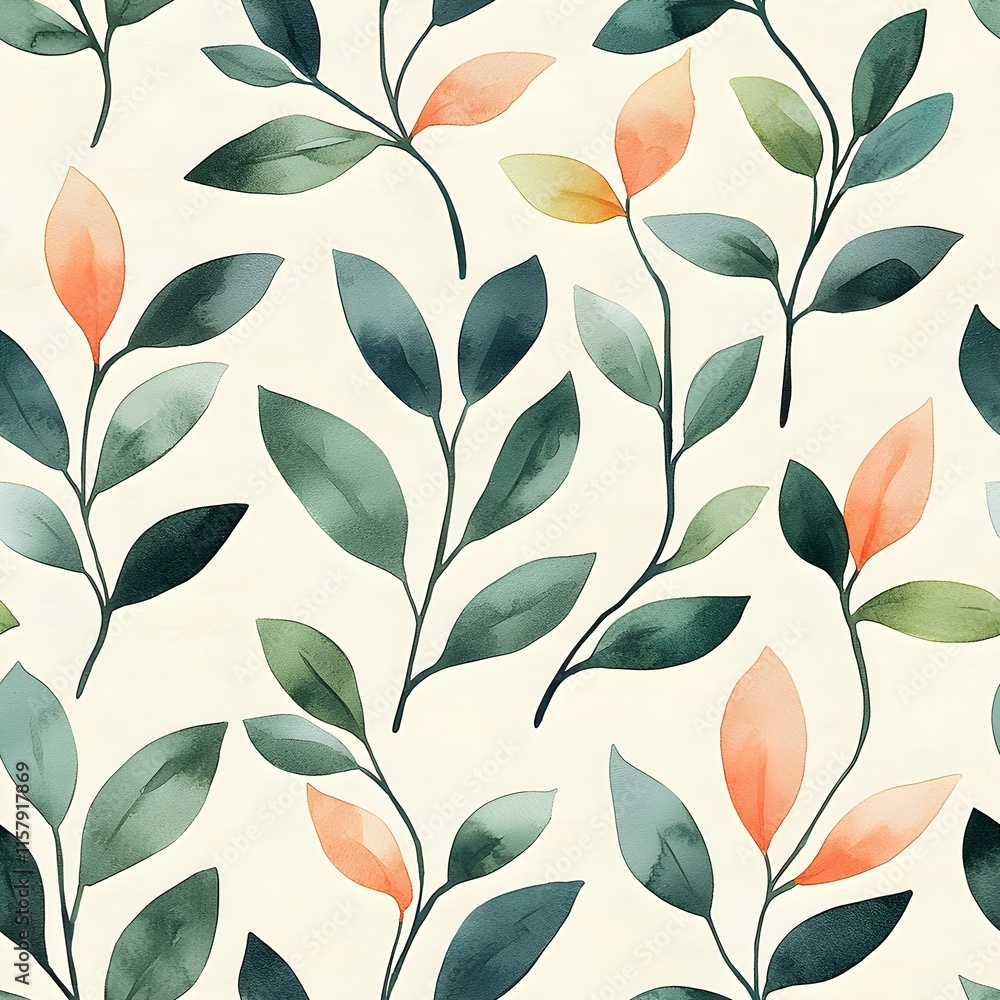 Seamless pattern with simplified leaf motifs in pastel sage green and peach colors Seamless pattern with simplified leaf motifs in pastel sage green and peach colors