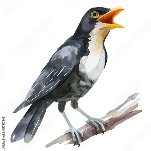 A playful depiction of a mynah bird mimicking sounds, showcasing its intelligence and personality.

