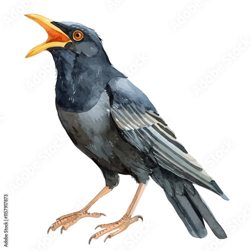 A playful depiction of a mynah bird mimicking sounds, showcasing its intelligence and personality.

