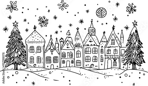 Whimsical black and white winter village illustration with snow-covered houses.