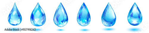 Six vibrant faceted gemstone drops, in blue colors with soft shadows, isolated on white background.