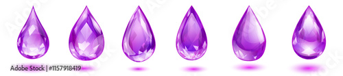 Six vibrant faceted gemstone drops, in purple colors with soft shadows, isolated on white background.