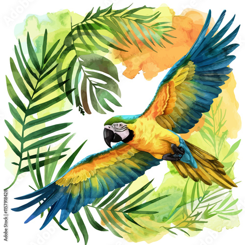 A vibrant illustration of a macaw flying above the canopy, showcasing its colorful wings against a lush green backdrop.

