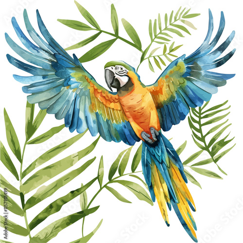 A vibrant illustration of a macaw flying above the canopy, showcasing its colorful wings against a lush green backdrop.

