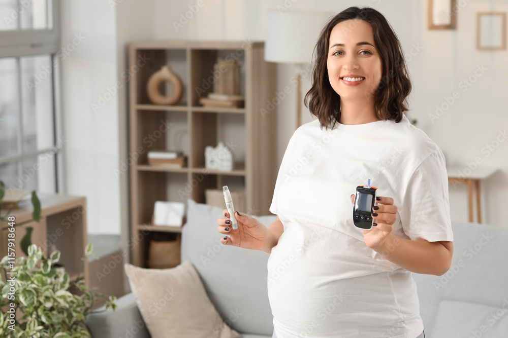 Young pregnant woman with lancet pen and glucometer at home. Gestational diabetes concept Young pregnant woman with lancet pen and glucometer at home. Gestational diabetes concept