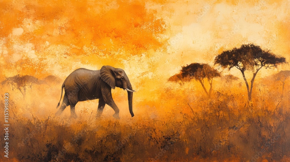 Fototapeta premium Lone elephant walking in golden African savanna at sunset.