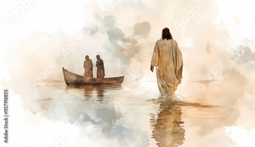 Jesus Walking on Water with Boat and Observers in Background