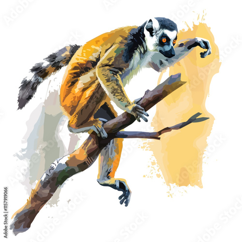 A lively scene of a lemur jumping from branch to branch, illustrating its playful nature and agility in a dense forest.

