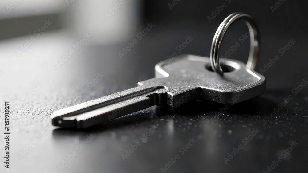 Silver key on dark surface reflecting light Silver key on dark surface reflecting light