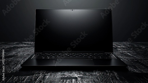 Elegant Black Laptop on Dark Wooden Surface