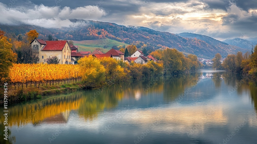 Fototapeta premium Autumnal village reflected in calm river.
