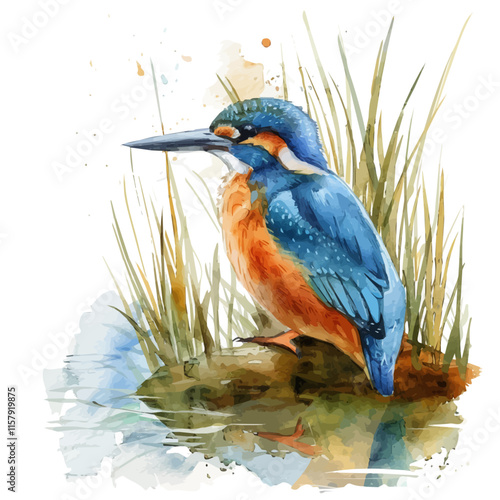 A watercolor vector painting of a kingfisher perched near a waterway, isolated on a white background. Kingfisher vector.

