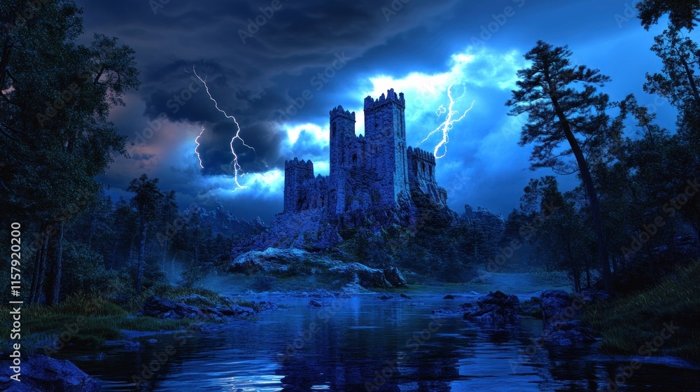 Stormy night, ancient castle reflected in dark water. Stormy night, ancient castle reflected in dark water.