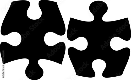 Two black silhouette jigsaw puzzle pieces isolated on white background.