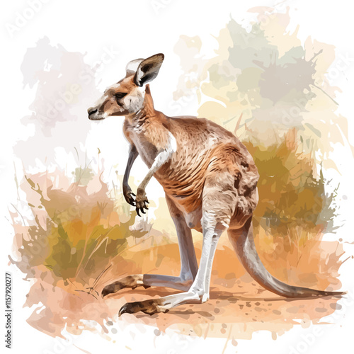 A watercolor vector painting of a kangaroo hopping across the Australian outback, isolated on a white background. Kangaroo vector.

