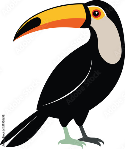 artoon black toucans, isolated cute wild tropical birds, editable vector illustration for kids decoration, print, stickers