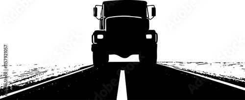 Silhouette of a truck driving on a highway in black and white.