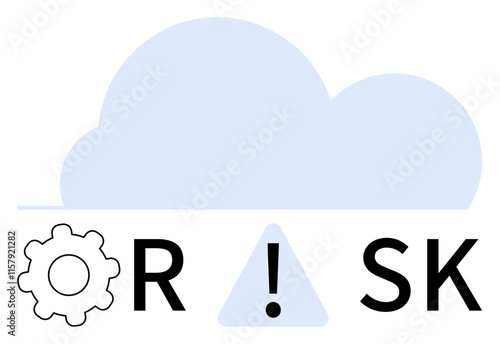 Gear icon and exclamation mark within triangle integrated into the word RISK under cloud outline. Ideal for business strategy, risk management, technology, data security, online safety, digital photo