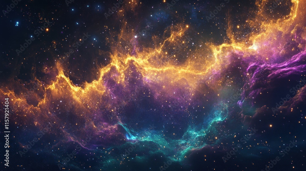 Fototapeta premium Cosmic nebula with vibrant orange, purple, and teal gas clouds and scattered stars.