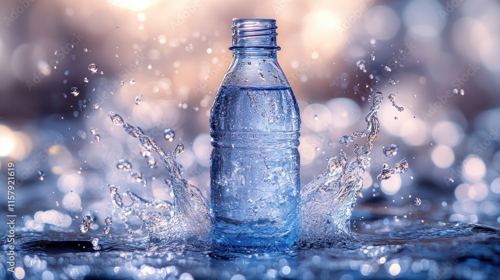 A water bottle splashes in a shimmering pool, highlighting hydration and refreshment. A water bottle splashes in a shimmering pool, highlighting hydration and refreshment.