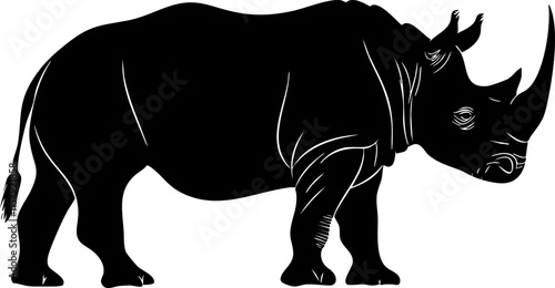 Black silhouette of a rhinoceros in profile, isolated on white background.