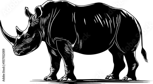 Black and white rhinoceros silhouette illustration with detailed horn and body.