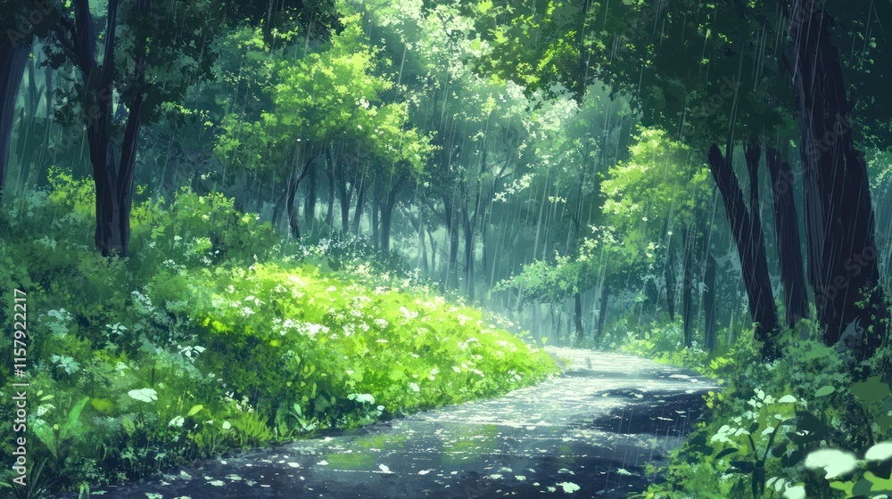 Obraz premium Sunlit path winding through a lush, green forest.