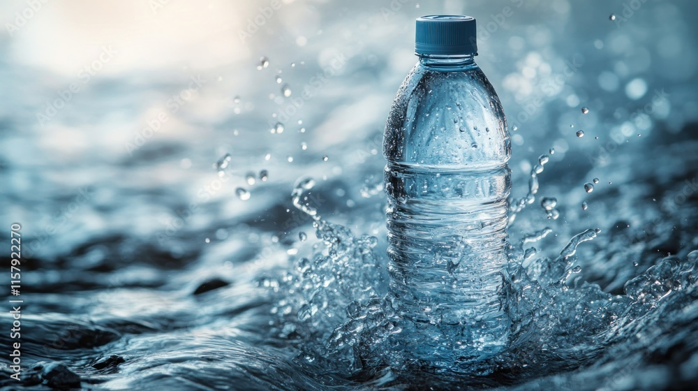A water bottle splashes in clear water, highlighting hydration and environmental concerns. A water bottle splashes in clear water, highlighting hydration and environmental concerns.