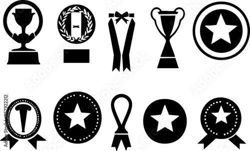 Silhouette icons of trophies and awards on a transparent background.