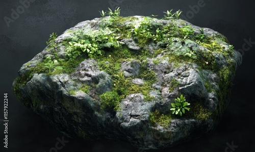 Moss-covered rock in a rainforest, intricate textures and tiny plants thriving in the shadows. photo