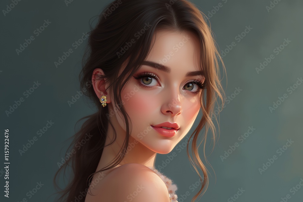 Portrait of a Young Woman with Long Brown Hair and Elegant Makeup Portrait of a Young Woman with Long Brown Hair and Elegant Makeup