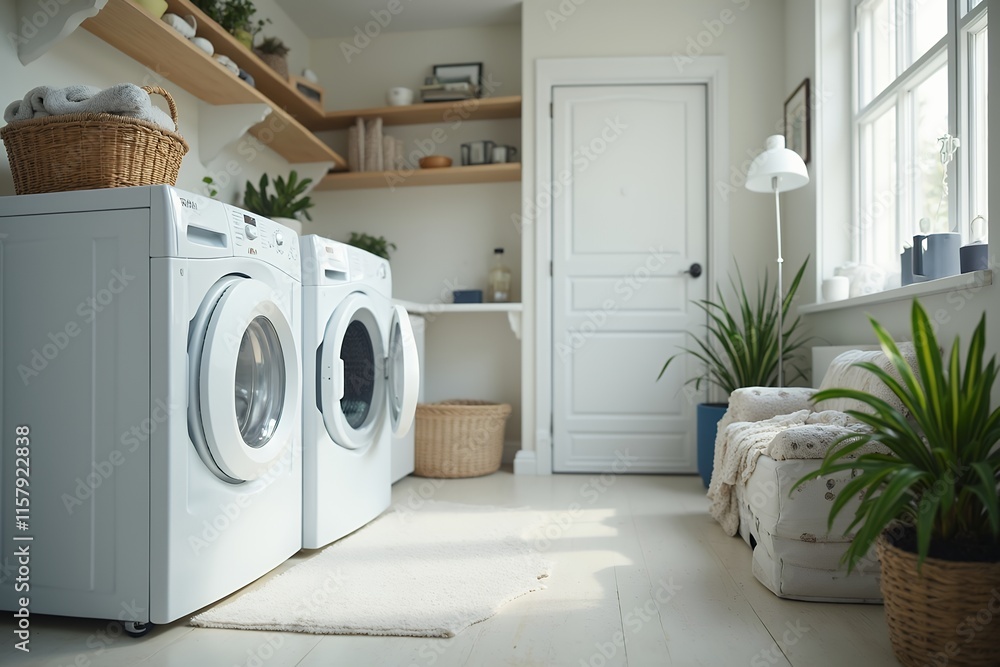 Bright and Modern Laundry Room with Washer and Green Plants Bright and Modern Laundry Room with Washer and Green Plants