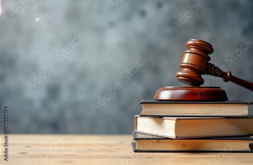 Wooden gavel rests on stack of law books on table. Legal framework update concept. Modern challenges require policy updates, new legal measures. Books signify updated legal provisions. Concept for photo