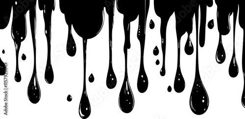 Abstract black dripping paint design on a white background.