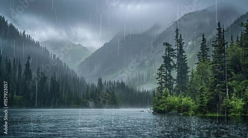 Serene lake surrounded by pine forest and mountains on a rainy day, tranquil nature scenery  
Seamless looping 4k time-lapse virtual video animation Generated AI
