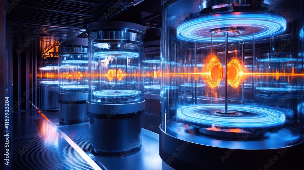 Futuristic quantum computing lab with glowing processors in glass containers. Futuristic quantum computing lab with glowing processors in glass containers.