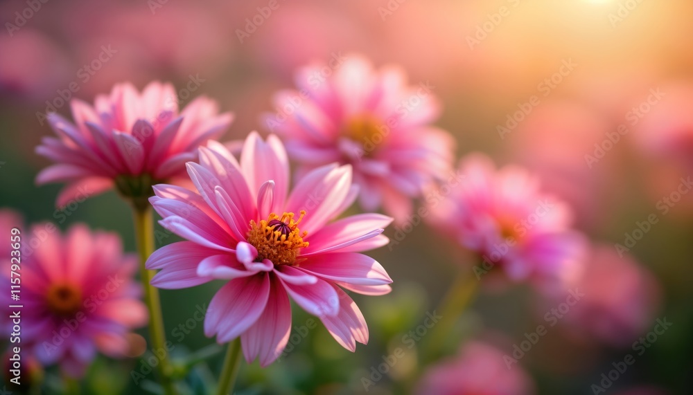 Obraz premium Close up view of beautiful pink flowers in bloom. Bright, fresh flowers create beautiful natural background. Delicate petals of flowers seen in sunny garden. Vivid colours of blooming flowers