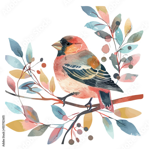 A watercolor vector painting of a finch fluttering in the hedgerow, isolated on a white background. Finch vector.