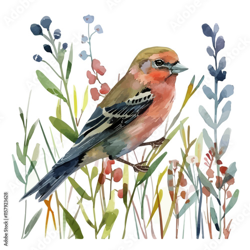 A watercolor vector painting of a finch fluttering in the hedgerow, isolated on a white background. Finch vector.