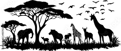 Silhouette of African wildlife including elephants and giraffes on the savanna.