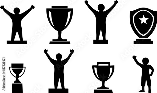 Silhouette icons of trophies and winners in various celebratory poses.