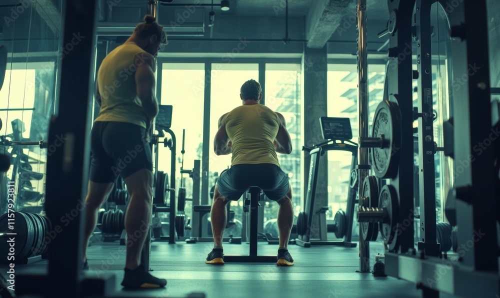 Fototapeta premium Personal trainer motivating a client during an intense squat session, proper form and encouragement captured in a modern gym, fitness goals in focus,