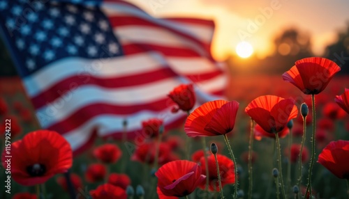 Patriotic photo of American flag waving gently in poppy field at sunset. Red poppies bloom brightly amidst flag. Image evokes feelings of remembrance, national pride. Ideal for memorial day patriotic