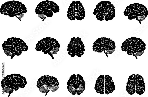 Set of black brain silhouettes on white background for medical use.