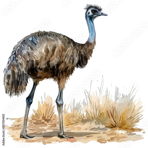 A watercolor vector painting of an emu wandering in the Australian outback, isolated on a white background. Emu vector.