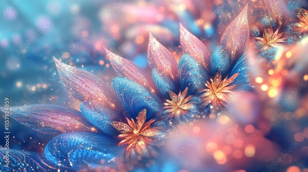Dreamlike blue and pink flowers with gold centers and bokeh. Dreamlike blue and pink flowers with gold centers and bokeh.